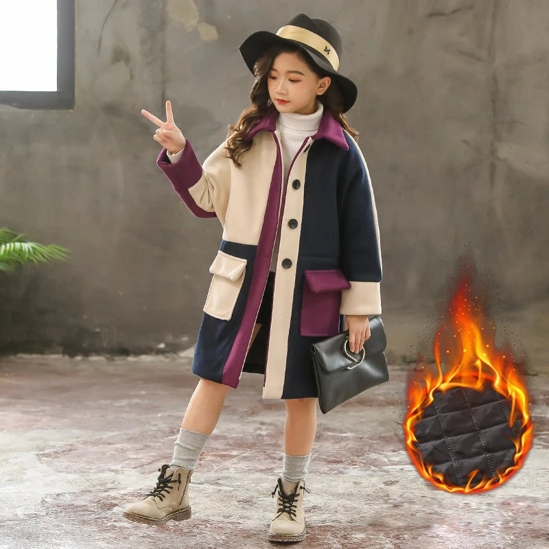 2025 Autumn Winter Girls Hairy Coat Fashion Design Long Coat for Girls Kids Outerwear Grid Pattern 4 to 12 Years Old