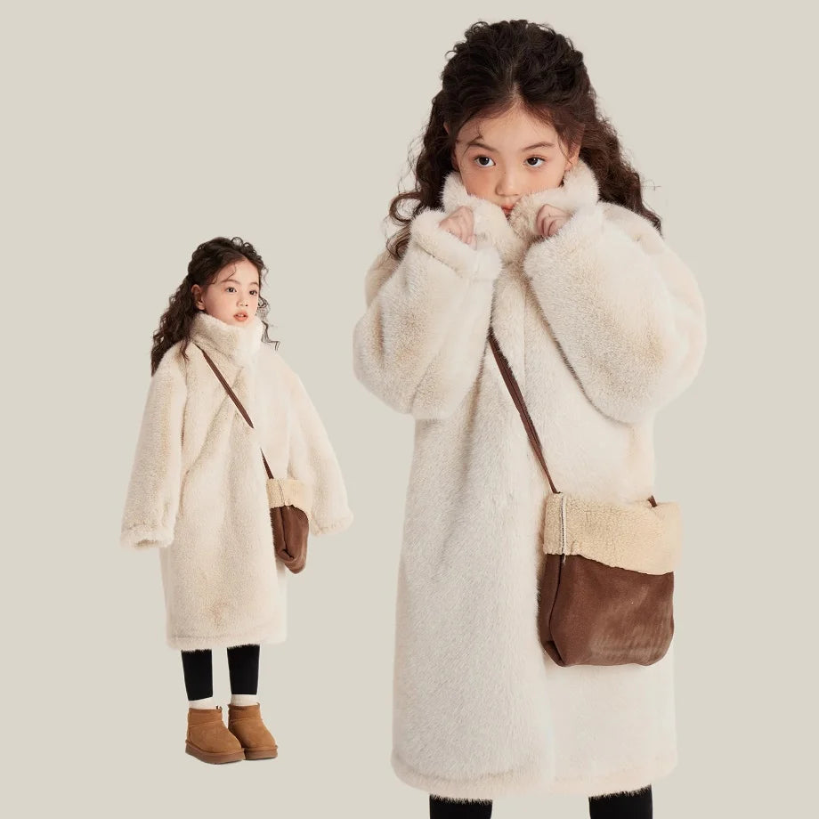 2025 Autumn Winter Girls Hairy Coat Fashion Design Long Coat for Girls Kids Outerwear Grid Pattern 4 to 12 Years Old