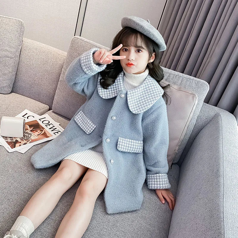 2025 Autumn Winter Girls Hairy Coat Fashion Design Long Coat for Girls Kids Outerwear Grid Pattern 4 to 12 Years Old