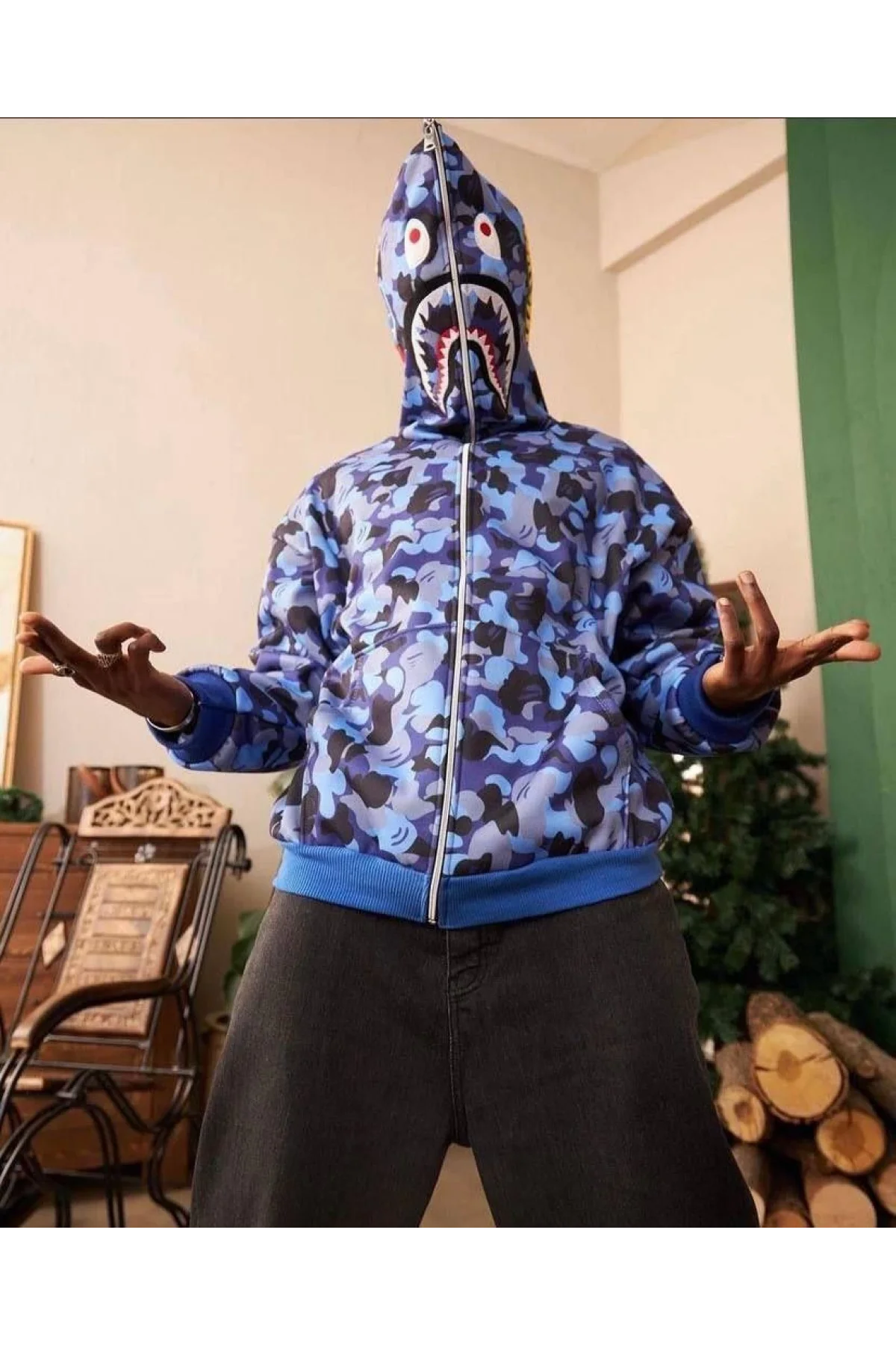 Unisex 2 İplik Bape Kapüşonu Fermuarlı Hırka