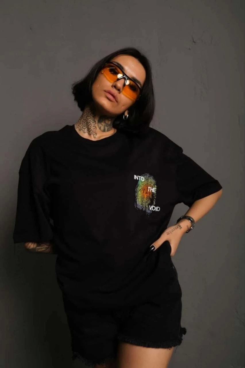 Unisex Bisiklet Yaka Baskılı Oversize T-Shirt