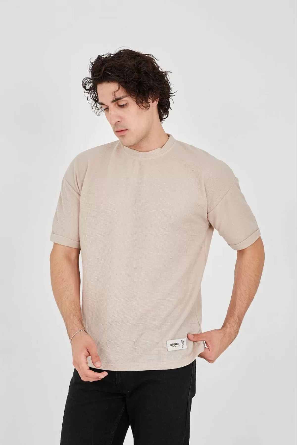 Unisex Waffle Kumaş Rahat Kol T-Shirt