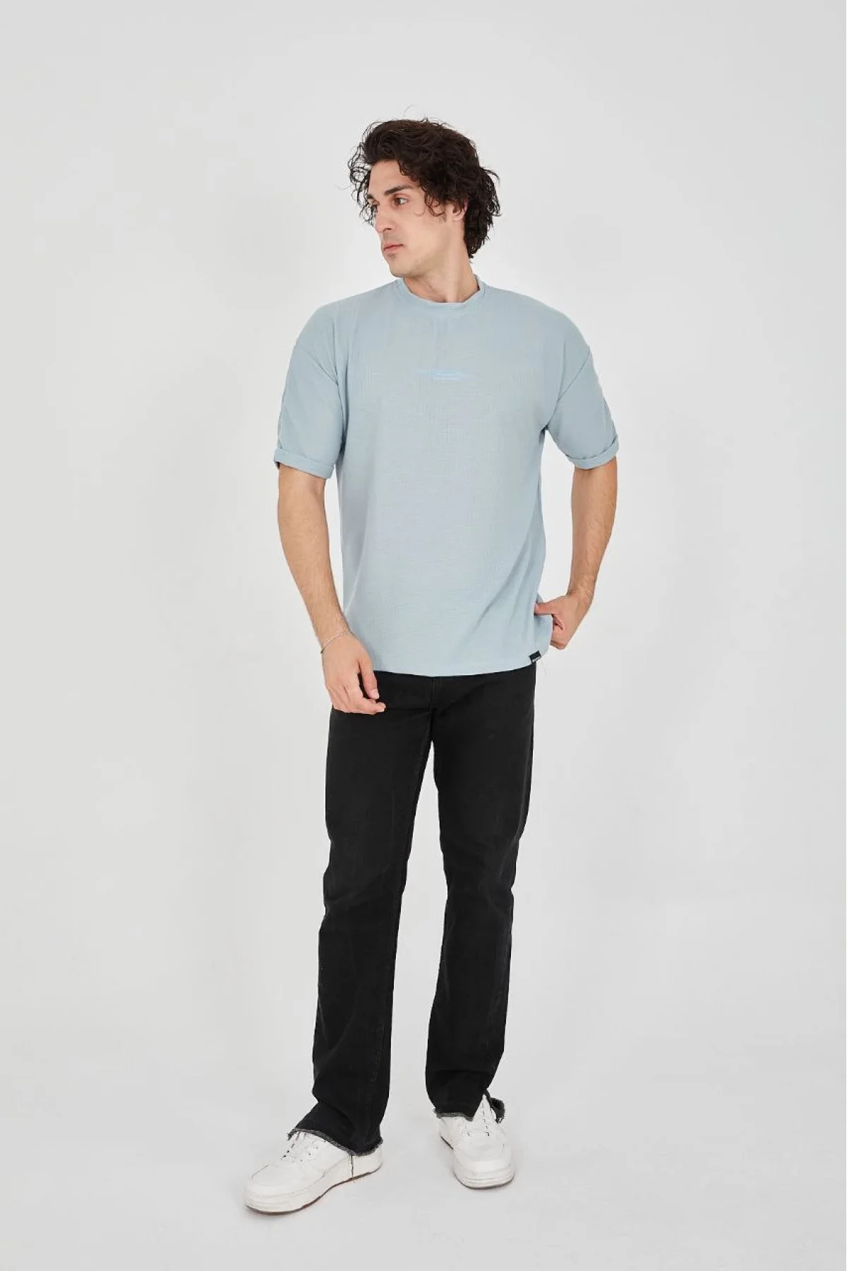 Unisex Waffle Kumaş Rahat Kol T-Shirt