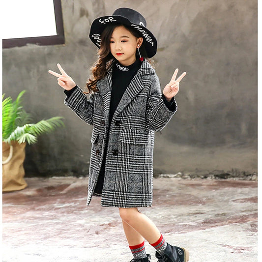 2025 Autumn Winter Girls Hairy Coat Fashion Design Long Coat for Girls Kids Outerwear Grid Pattern 4 to 12 Years Old