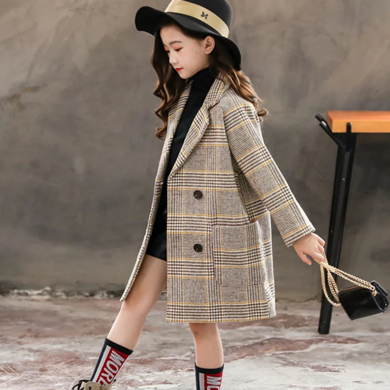 2025 Autumn Winter Girls Hairy Coat Fashion Design Long Coat for Girls Kids Outerwear Grid Pattern 4 to 12 Years Old