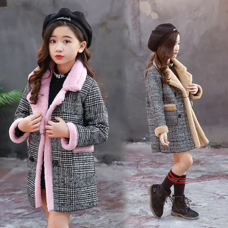 2025 Autumn Winter Girls Hairy Coat Fashion Design Long Coat for Girls Kids Outerwear Grid Pattern 4 to 12 Years Old