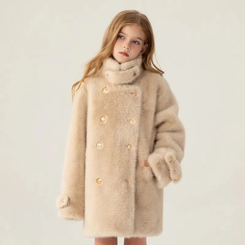 2025 Autumn Winter Girls Hairy Coat Fashion Design Long Coat for Girls Kids Outerwear Grid Pattern 4 to 12 Years Old