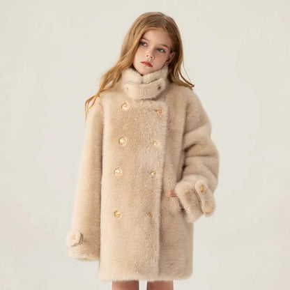 2025 Autumn Winter Girls Hairy Coat Fashion Design Long Coat for Girls Kids Outerwear Grid Pattern 4 to 12 Years Old