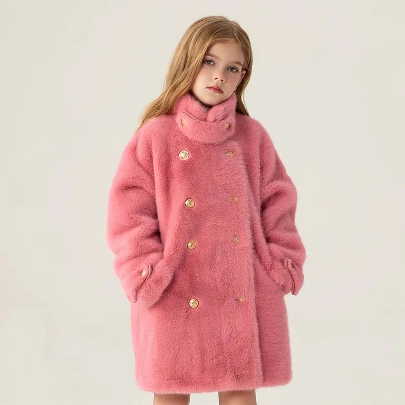 2025 Autumn Winter Girls Hairy Coat Fashion Design Long Coat for Girls Kids Outerwear Grid Pattern 4 to 12 Years Old