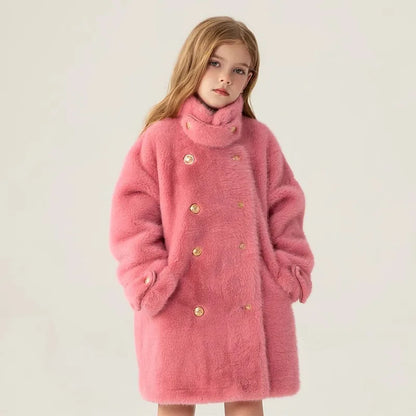 2025 Autumn Winter Girls Hairy Coat Fashion Design Long Coat for Girls Kids Outerwear Grid Pattern 4 to 12 Years Old