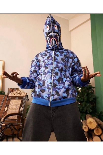 Unisex 2 İplik Bape Kapüşonu Fermuarlı Hırka