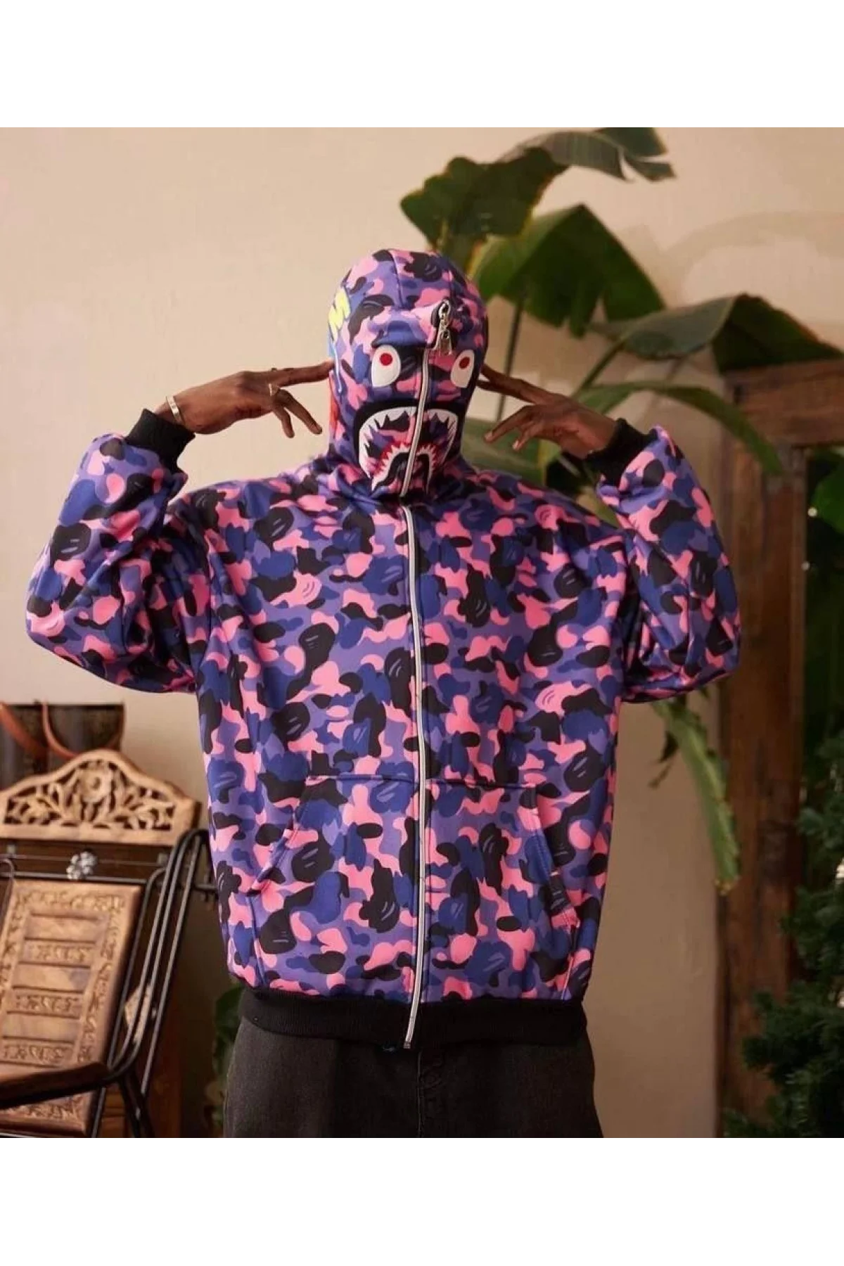 Unisex 2 İplik Bape Kapüşonu Fermuarlı Hırka