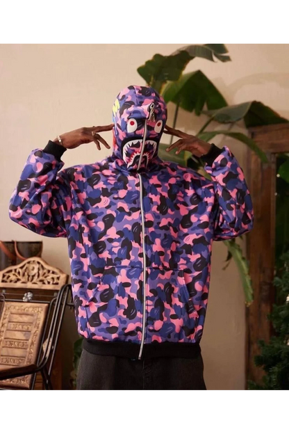 Unisex 2 İplik Bape Kapüşonu Fermuarlı Hırka