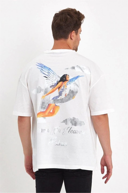 Erkek Melek Baskılı Oversize T-shirt