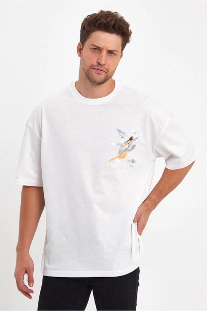 Erkek Melek Baskılı Oversize T-shirt