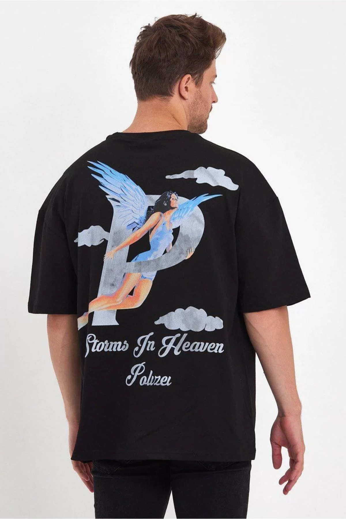 Erkek Melek Baskılı Oversize T-shirt