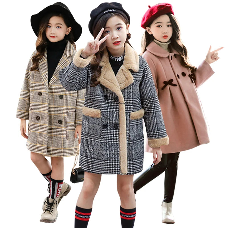 2025 Autumn Winter Girls Hairy Coat Fashion Design Long Coat for Girls Kids Outerwear Grid Pattern 4 to 12 Years Old