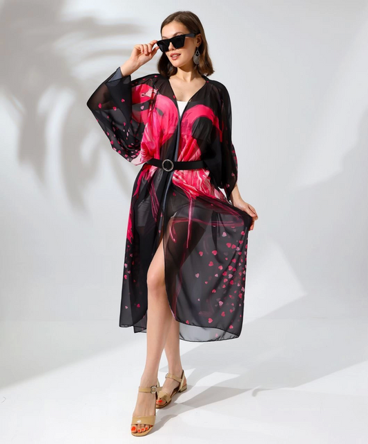 Kadın Rahat Kesim Şifon Kimono - Siyah