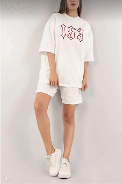 Kadın Unisex Nakış İşlemeli Şort Takım
