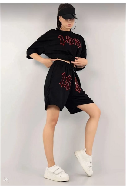 Kadın Unisex Nakış İşlemeli Şort Takım