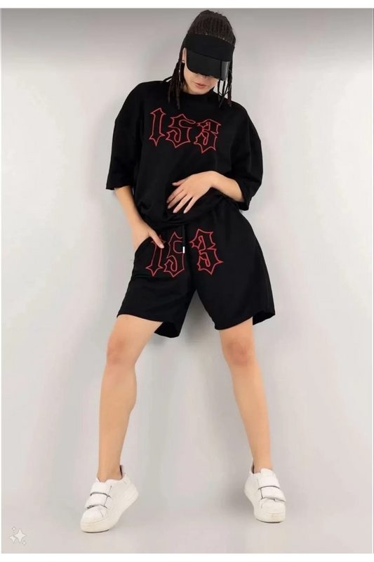 Kadın Unisex Nakış İşlemeli Şort Takım