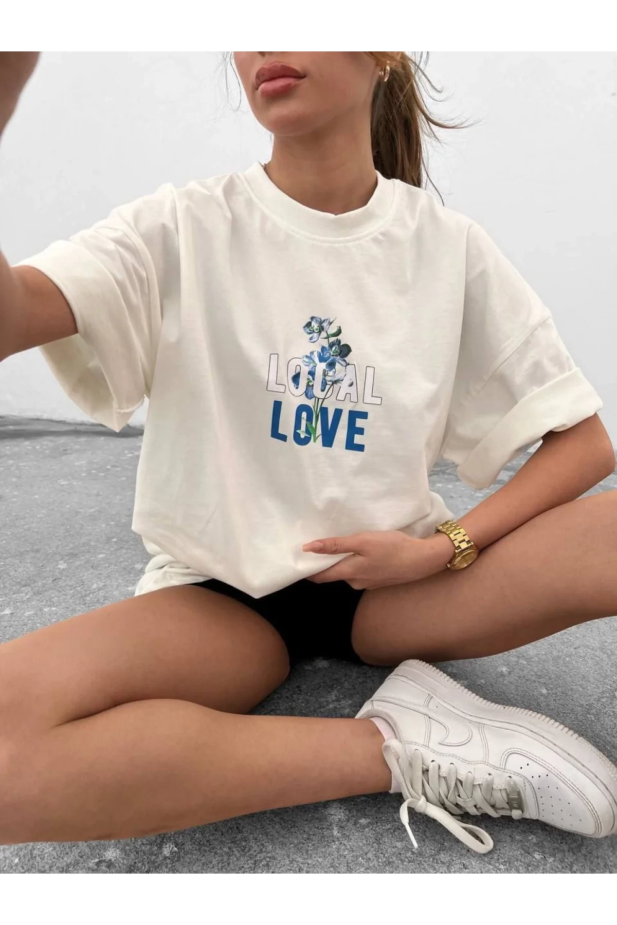 Unisex Bisiklet Yaka Baskılı Oversize T-Shirt
