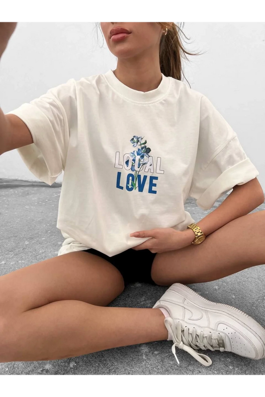 Unisex Bisiklet Yaka Baskılı Oversize T-Shirt