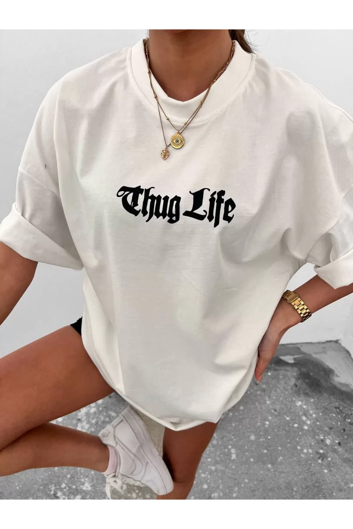 Unisex Bisiklet Yaka Baskılı Oversize T-Shirt