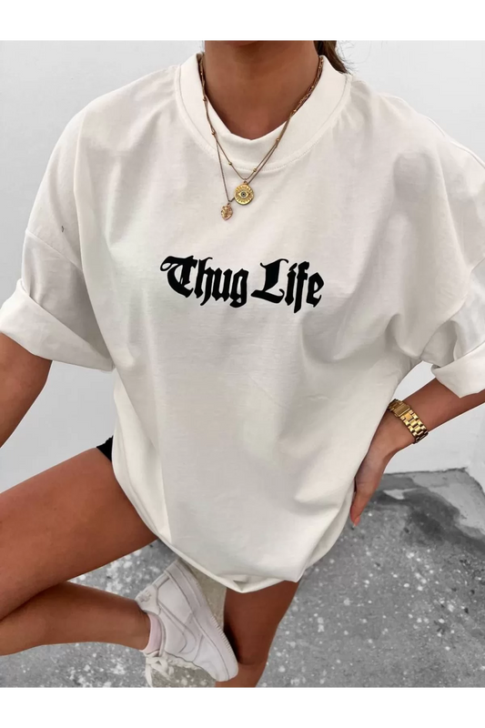 Unisex Bisiklet Yaka Baskılı Oversize T-Shirt