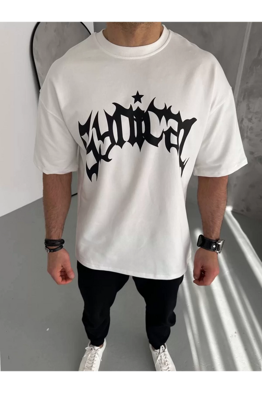 Unisex Bisiklet Yaka Baskılı Oversize T-Shirt