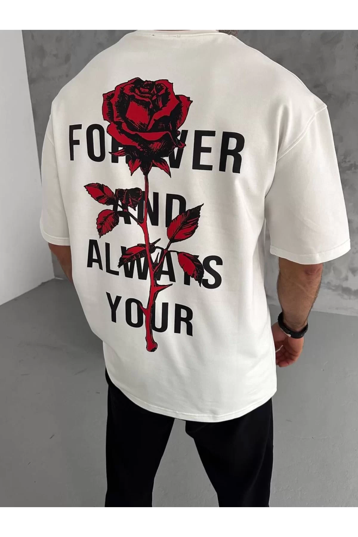 Unisex Bisiklet Yaka Baskılı Oversize T-Shirt