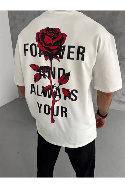 Unisex Bisiklet Yaka Baskılı Oversize T-Shirt