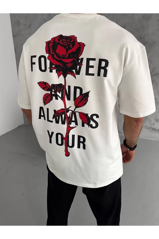 Unisex Bisiklet Yaka Baskılı Oversize T-Shirt
