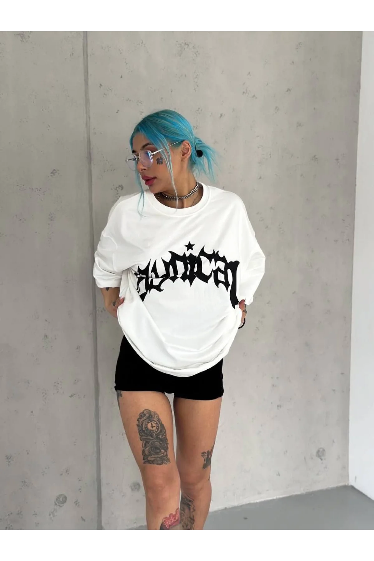 Unisex Bisiklet Yaka Baskılı Oversize T-Shirt
