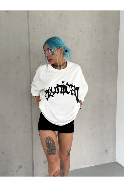 Unisex Bisiklet Yaka Baskılı Oversize T-Shirt