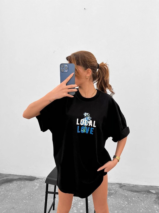 Unisex Bisiklet Yaka Baskılı Oversize T-Shirt
