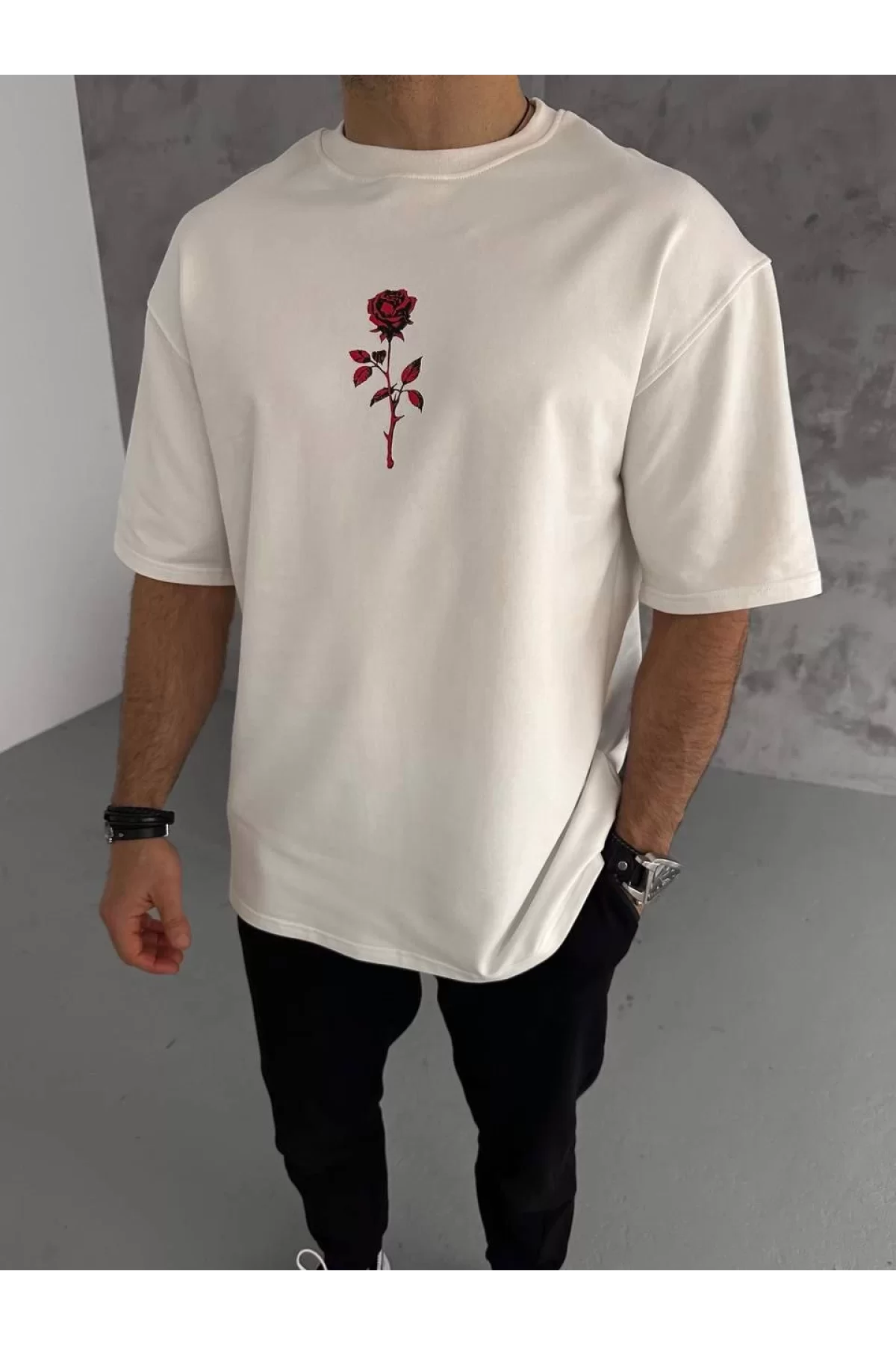 Unisex Bisiklet Yaka Baskılı Oversize T-Shirt