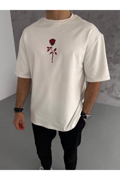 Unisex Bisiklet Yaka Baskılı Oversize T-Shirt