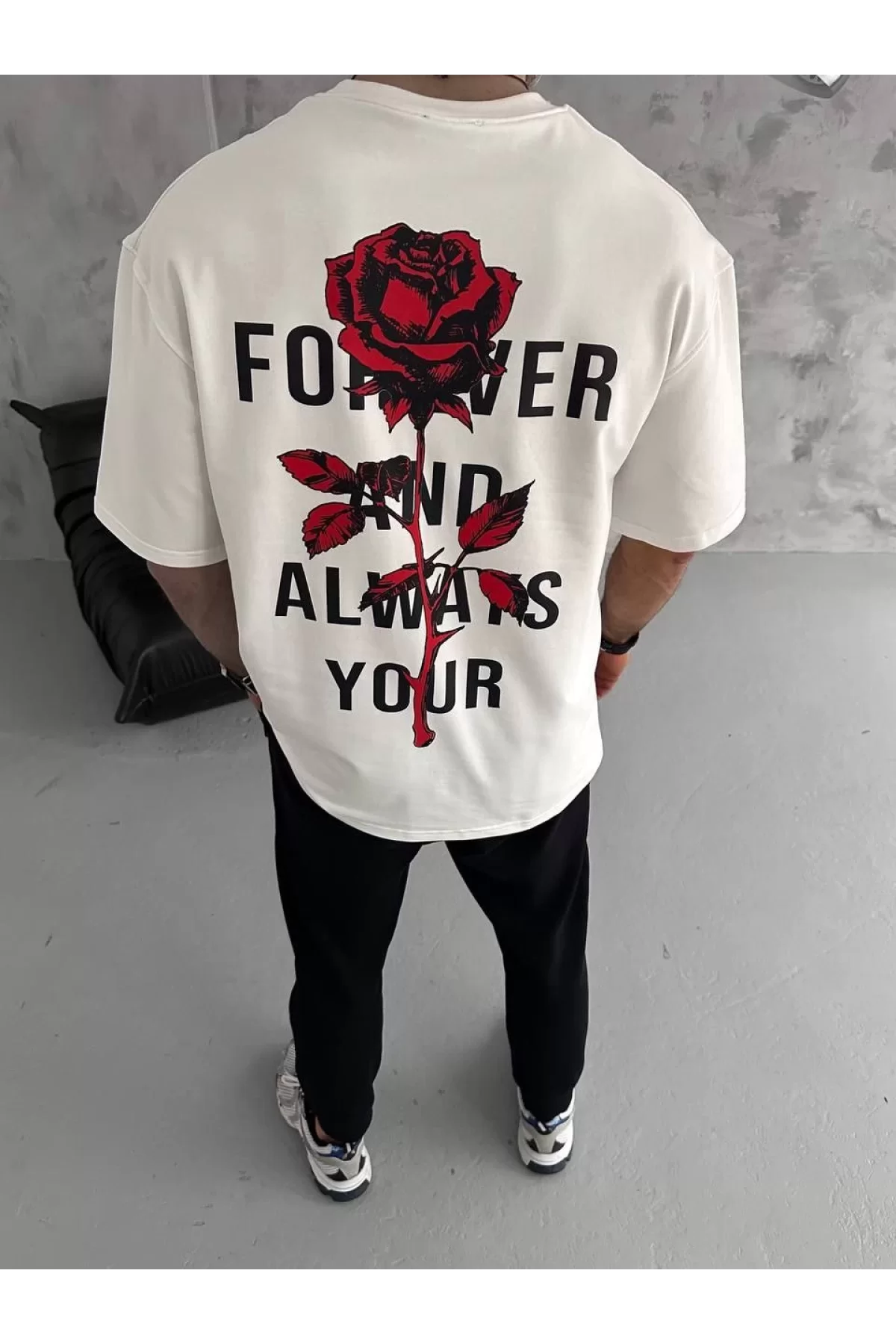 Unisex Bisiklet Yaka Baskılı Oversize T-Shirt