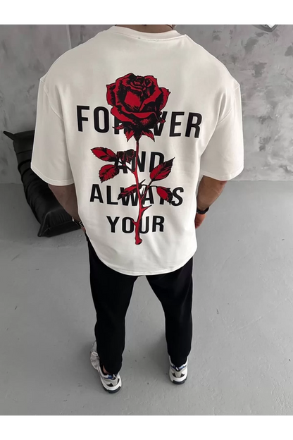 Unisex Bisiklet Yaka Baskılı Oversize T-Shirt