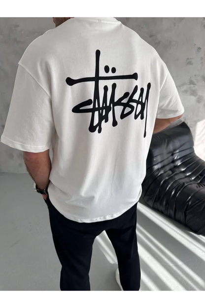 Unisex Bisiklet Yaka Baskılı Oversize T-Shirt