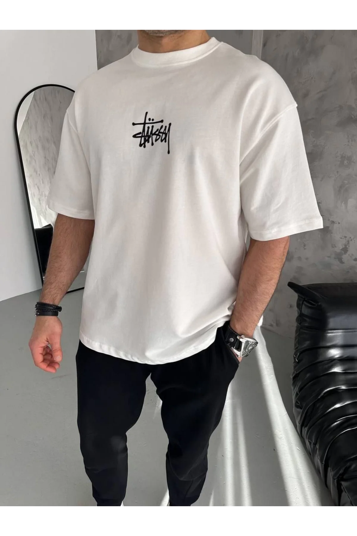 Unisex Bisiklet Yaka Baskılı Oversize T-Shirt