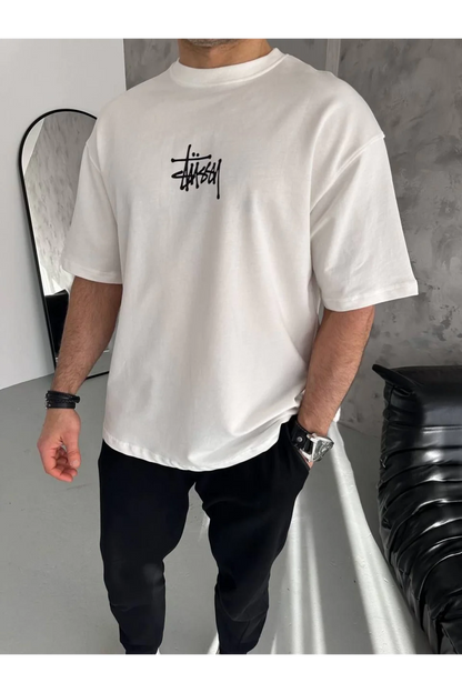 Unisex Bisiklet Yaka Baskılı Oversize T-Shirt