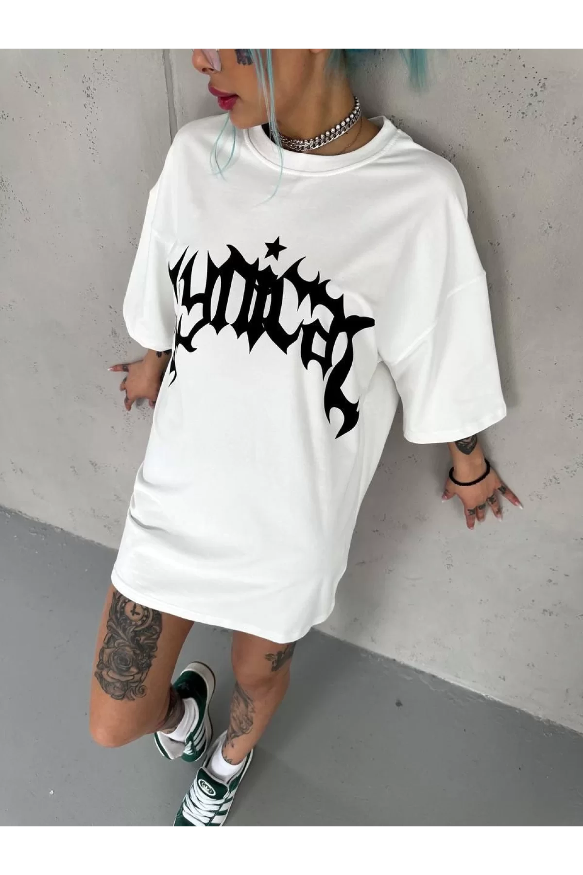 Unisex Bisiklet Yaka Baskılı Oversize T-Shirt