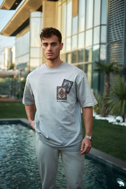 Unisex Bisiklet Yaka Baskılı Oversize T-Shirt