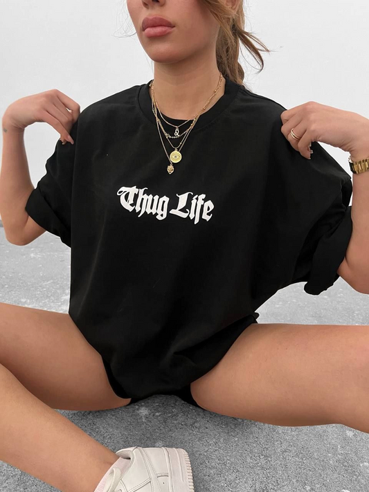 Unisex Bisiklet Yaka Baskılı Oversize T-Shirt