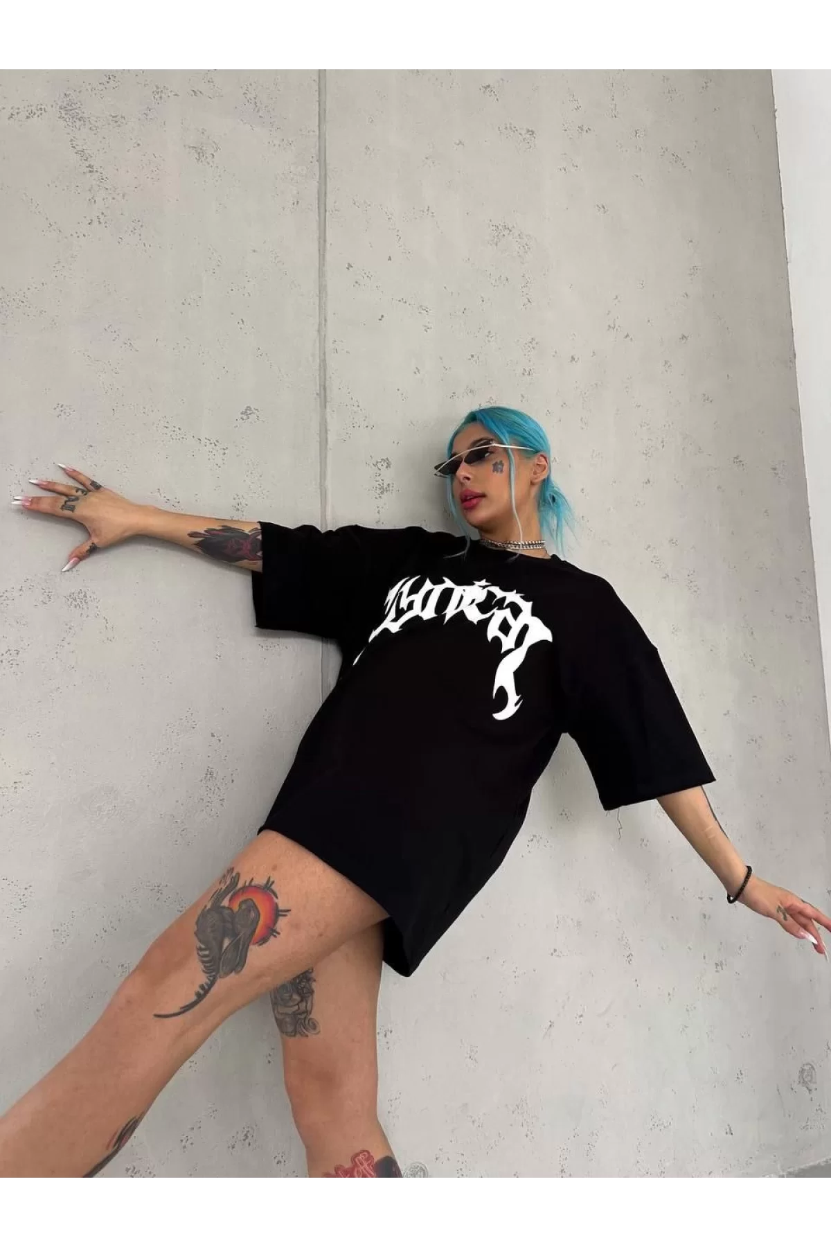 Unisex Bisiklet Yaka Baskılı Oversize T-Shirt