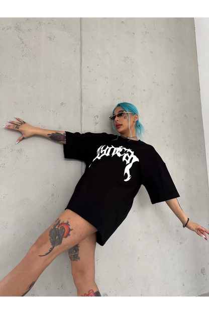 Unisex Bisiklet Yaka Baskılı Oversize T-Shirt