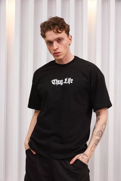 Unisex Bisiklet Yaka Baskılı Oversize T-Shirt