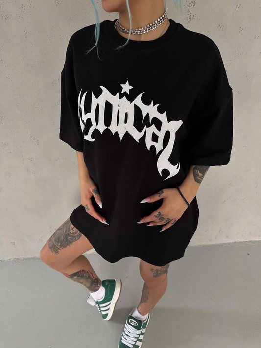 Unisex Bisiklet Yaka Baskılı Oversize T-Shirt